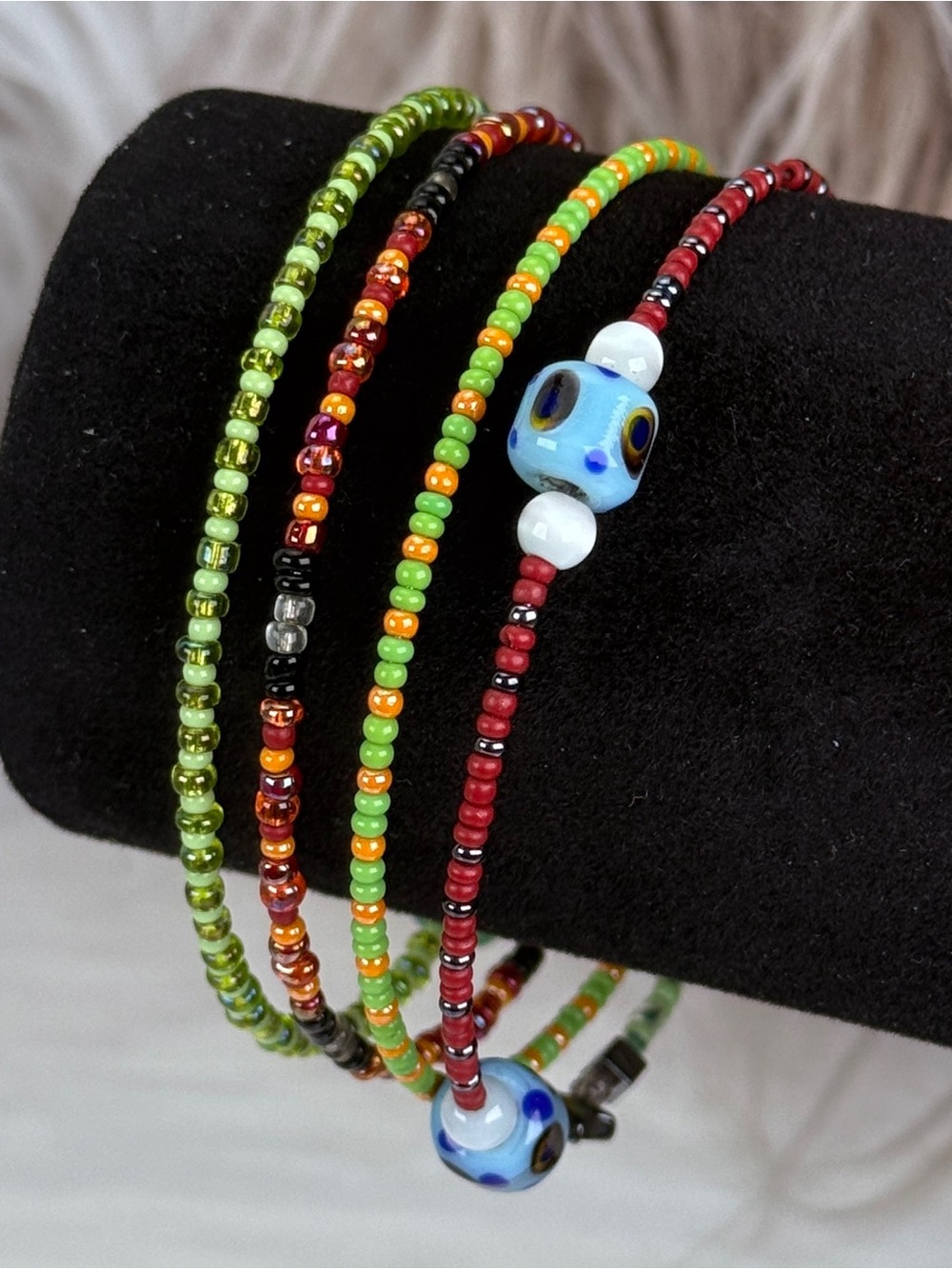 Vintage Multicolor Seed Bead Lampwork Style Multi Strand Bracelet